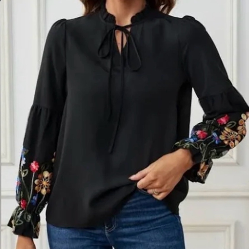 SHEIN Black Sheer Flowy Blouse with Colorful Lantern Embroidered Floral Sleeves - Picture 16 of 17